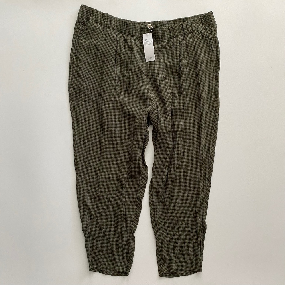 Eileen Fisher Puckered Linen Green and Black Check Pants